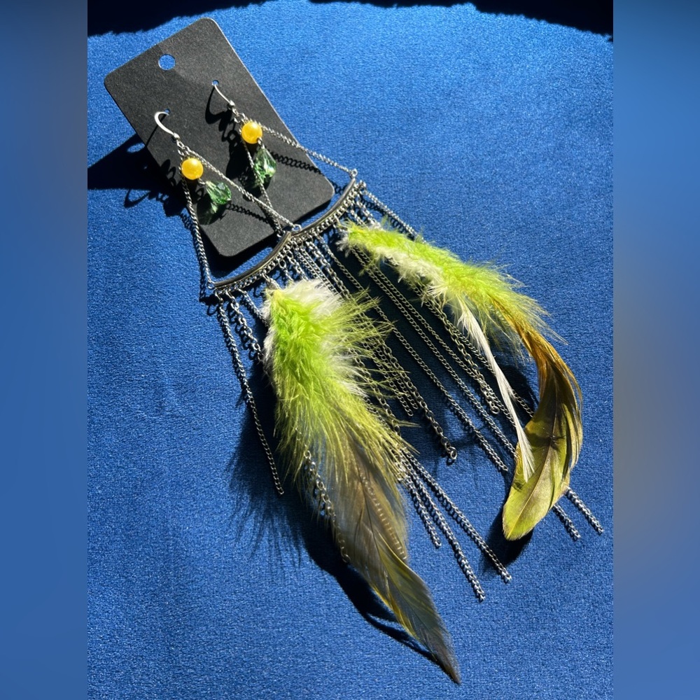 Handcrafted long feather chain pierced earrings